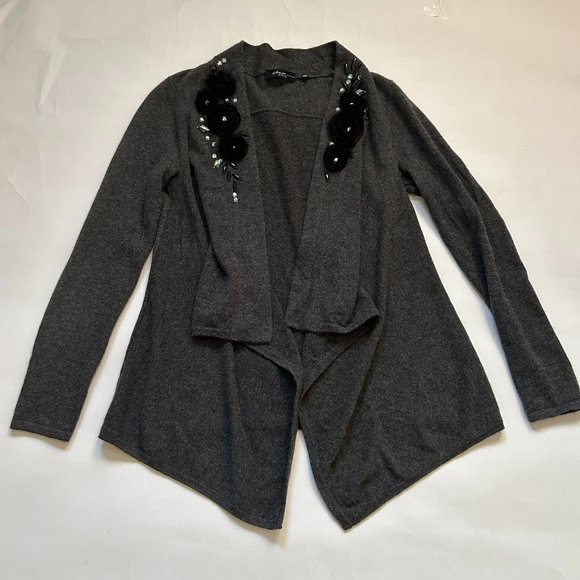 Saks Fifth avenue gray 100% cashmere crystal beaded Sweater open Cardigan size M - Picture 1 of 14